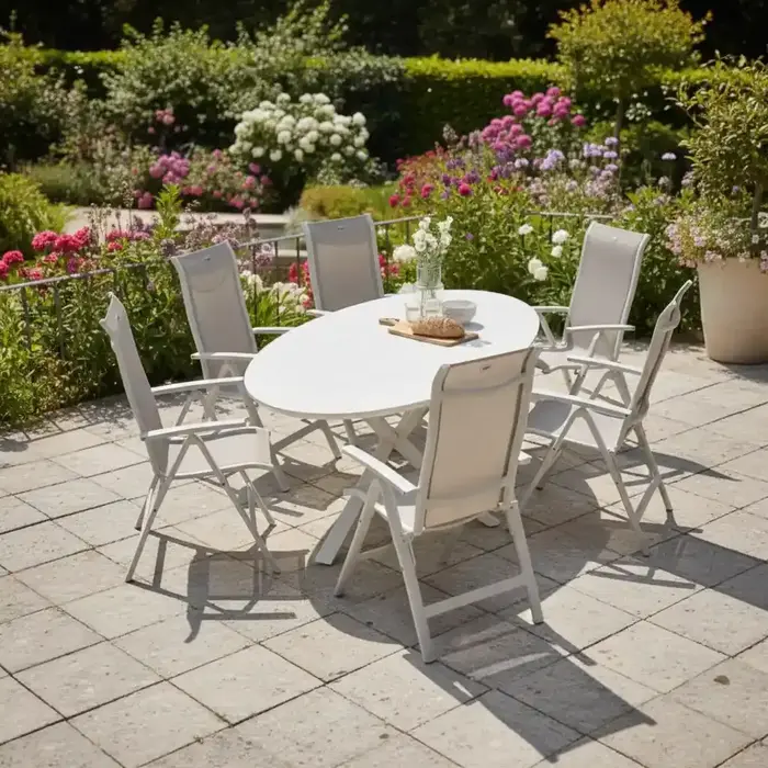 Hamilton Bay Outdoor Hartman 7-piece garden set Alice recliner white - Xander oval table 220x120 ceramic top, white