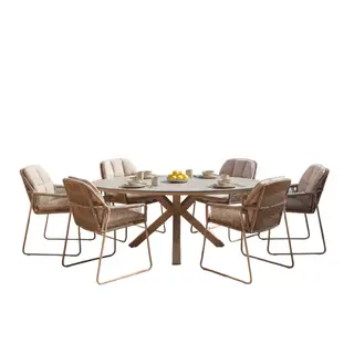 Tierra Outdoor Tierra Outdoor 7-piece garden set with Rivera armchairs Champagne - Navajo white cushions and table Oblong oval table 200x110cm - HPL Ophira top