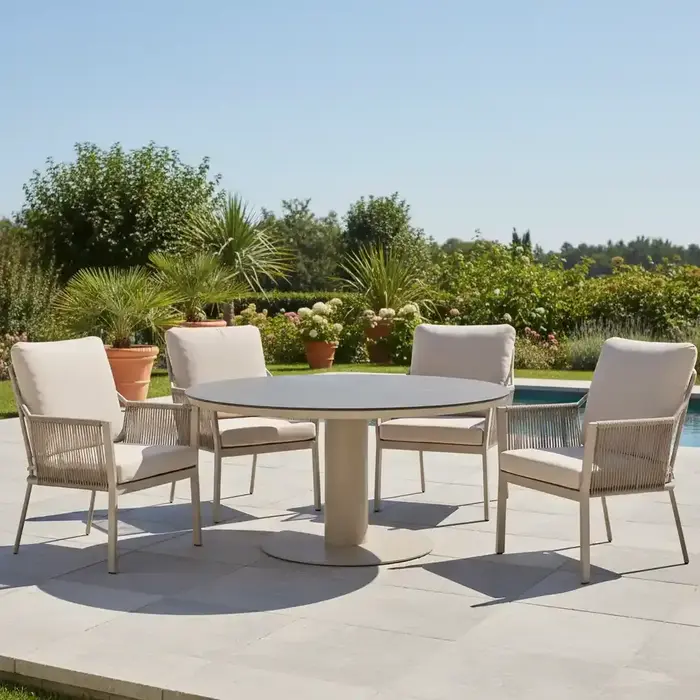 Tierra Outdoor Tierra Outdoor 5-delig LOW-diningset with 4 Liv Low armchairs Champagne and table MORENO LOW 120cm - HPL Ophira top