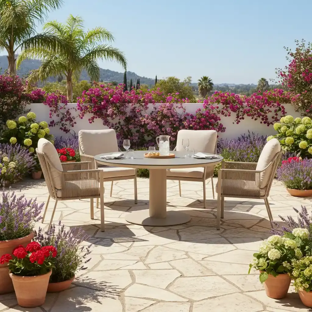 Tierra Outdoor Tierra Outdoor 5-delig LOW-diningset with 4 Liv Low armchairs Champagne and table MORENO LOW 120cm - HPL Ophira top