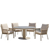 Tierra Outdoor 5-delig LOW-diningset met 4 Liv Low armstoelen Champagne en tafel MORENO LOW 120cm met HPL Ophira blad