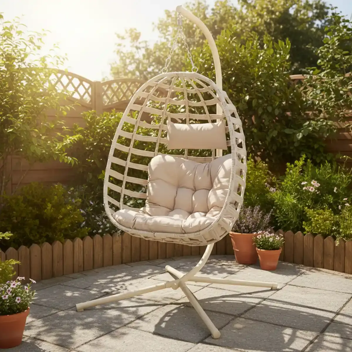 Hamilton Bay Outdoor Hanging Egg chair Ambiance with cushion and crossbase Beige