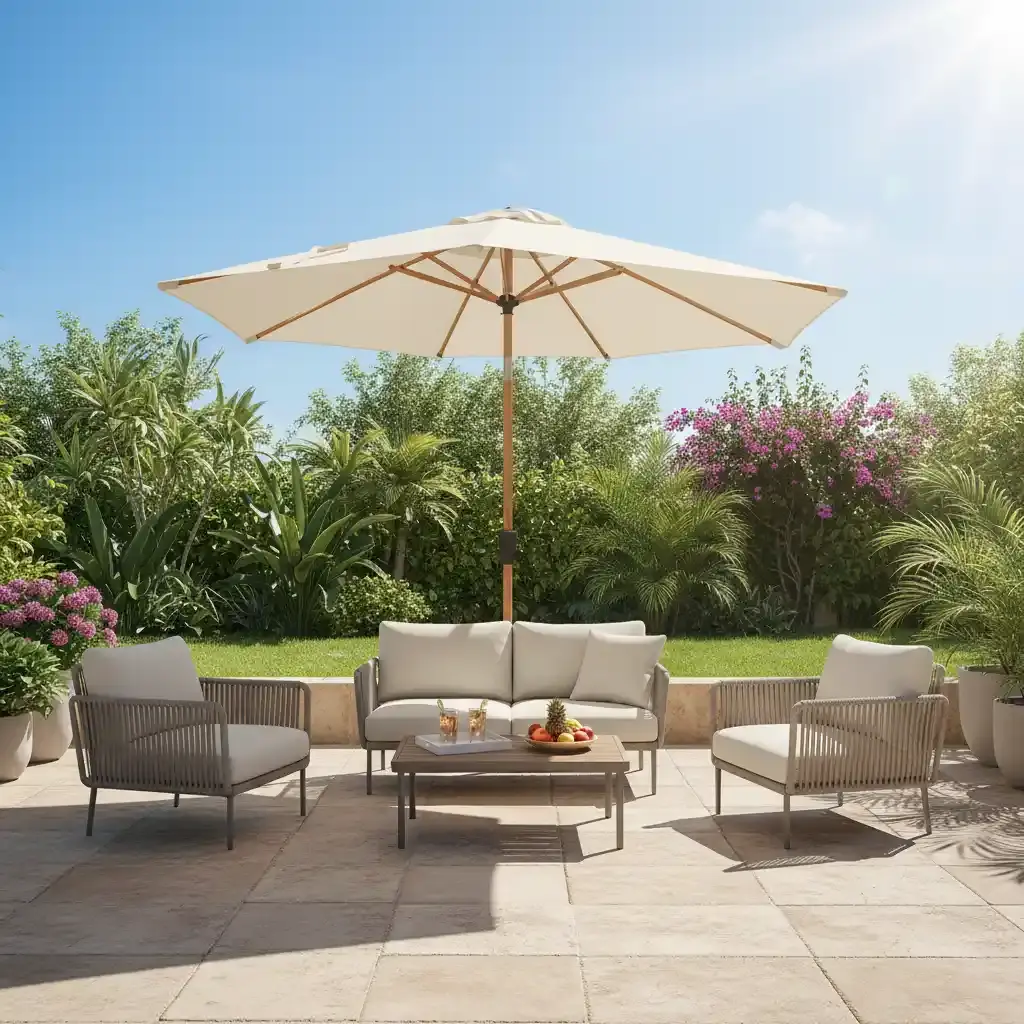 Hamilton Bay Outdoor Hamilton Bay Ibiza Parasol Ø300 cm Ecru – Wood-Look Pole Parasol
