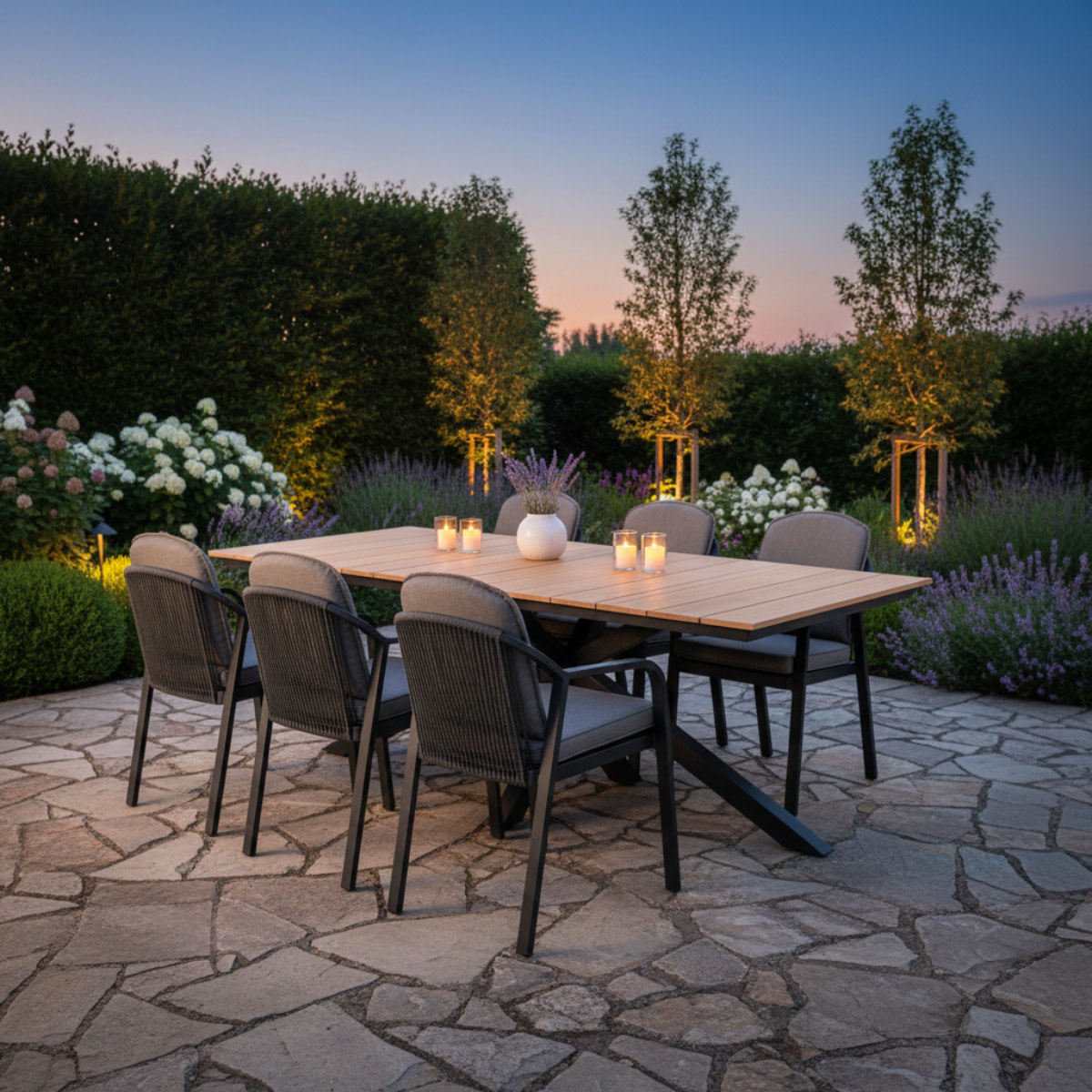 Tierra Outdoor Tierra Outdoor 7-delig set PEP armstoel Antraciet - Orion crossleg tafel 220cm GRIJS frame -TEAK top