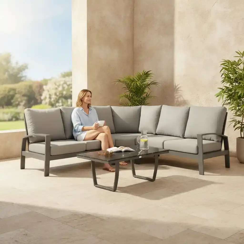 Tierra Outdoor Tierra Outdoor Valencia 4-delige BIG corner set grijs frame - charcoal grijs kussens - koffietafel met Marble HPL blad