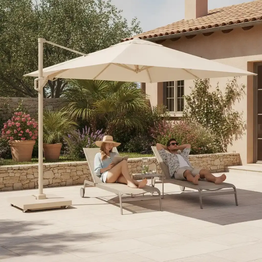Platinum Platinum Voyager T2 zweefparasol SET - 270x270cm - Sandstone frame- Ivory - met ceramica voet en afdekhoes
