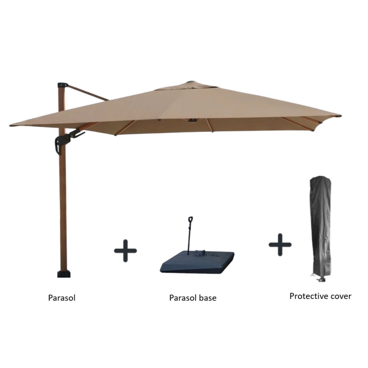 Hamilton Bay Outdoor Hamilton Bay - zweefparasol set - LEVANTO PREMIUM T2 - WOODLOOK - TAUPE - 300x300cm + fillable base on wheels + cover