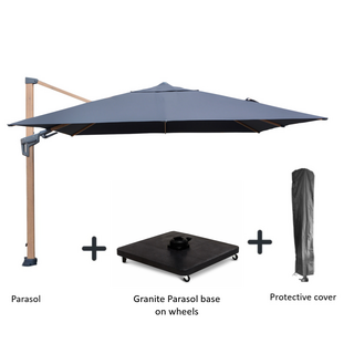 Hamilton Bay Outdoor Hamilton Bay - Free arm parasol set - LEVANTO PREMIUM T2 - WOODLOOK -DARK GREY - 300x300cm + GRANITE 90kg base on wheels + cover