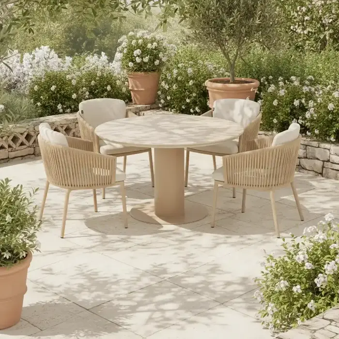 Hartman Hartman 5-piece lounge dining set with Sevilla armchairs in Cappuccino and Girona 120cm table with ceramic top – Cappuccino