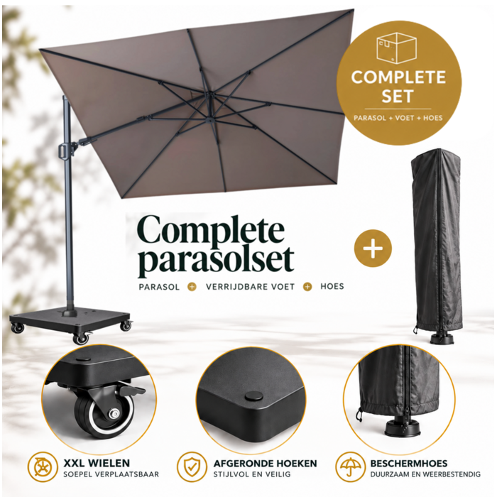 Platinum Platinum Challenger T2 zweefparasol SET - 300x300 - met 90KG VOET OP WIELEN en AFDEKHOES -