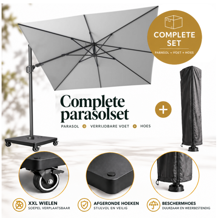 Platinum Platinum Challenger T2 zweefparasol SET - 300x300 - met 90KG VOET OP WIELEN en AFDEKHOES -