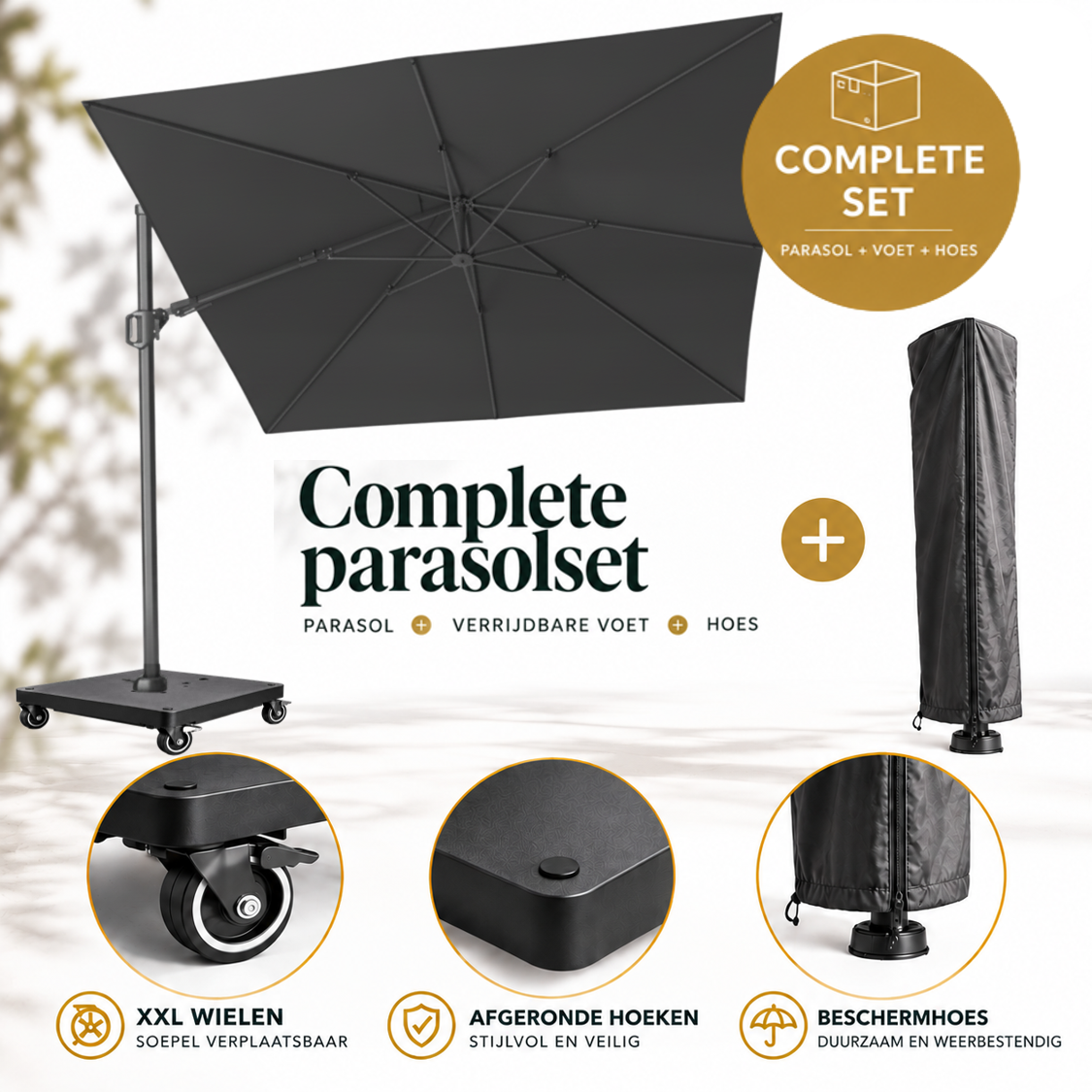 Platinum Platinum Challenger T2 zweefparasol SET - 300x300 - met 90KG VOET OP WIELEN en AFDEKHOES -