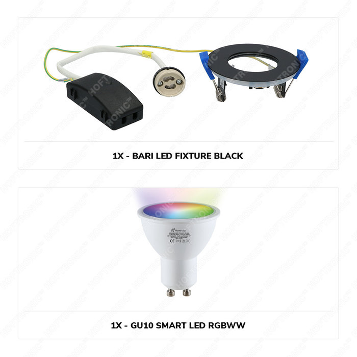 Hoftronic Smart Smart WiFi Dimmable RGBWW LED Recessed spot Bari black GU10 5,5 Watt IP65 splashproof