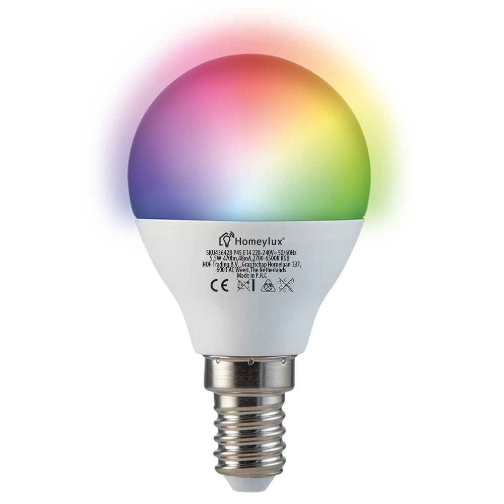 E14 SMART LED Bulb RGBWW Wifi 5.5 Watt 470lm P45 Dimmable - HOFTRONIC