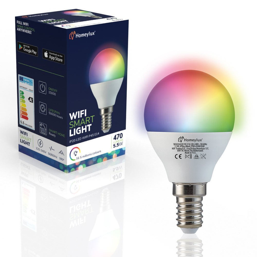 Winkelier Onophoudelijk Dialoog E14 SMART LED Lamp RGBWW Wifi 5.5 Watt 470lm P45 Dimbaar - HOFTRONIC LED  groothandel