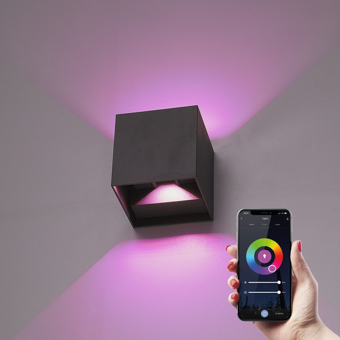 Hoftronic Smart Smart WiFi+BLE LED Wandlamp Kansas zwart 6 Watt RGBWW tweezijdig oplichtend IP65