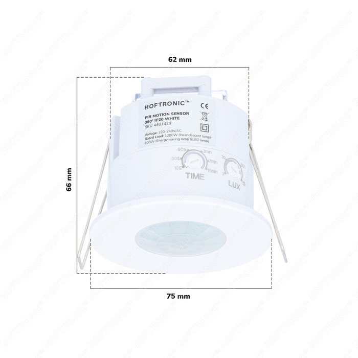 HOFTRONIC PIR motion sensor with twilight switch 360° range 8 meter Maximum 600 Watt IP20 recessed color white