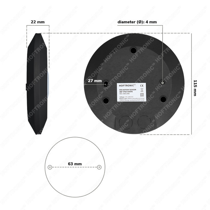 HOFTRONIC PIR bewegingssensor met schemerschakelaar 360° bereik 8 meter Maximaal 1000 Watt IP20 opbouw kleur zwart