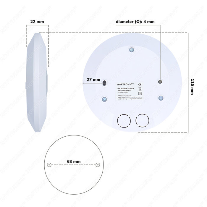 HOFTRONIC PIR bewegingssensor met schemerschakelaar 360° bereik 8 meter Maximaal 1000 Watt IP20 opbouw kleur wit