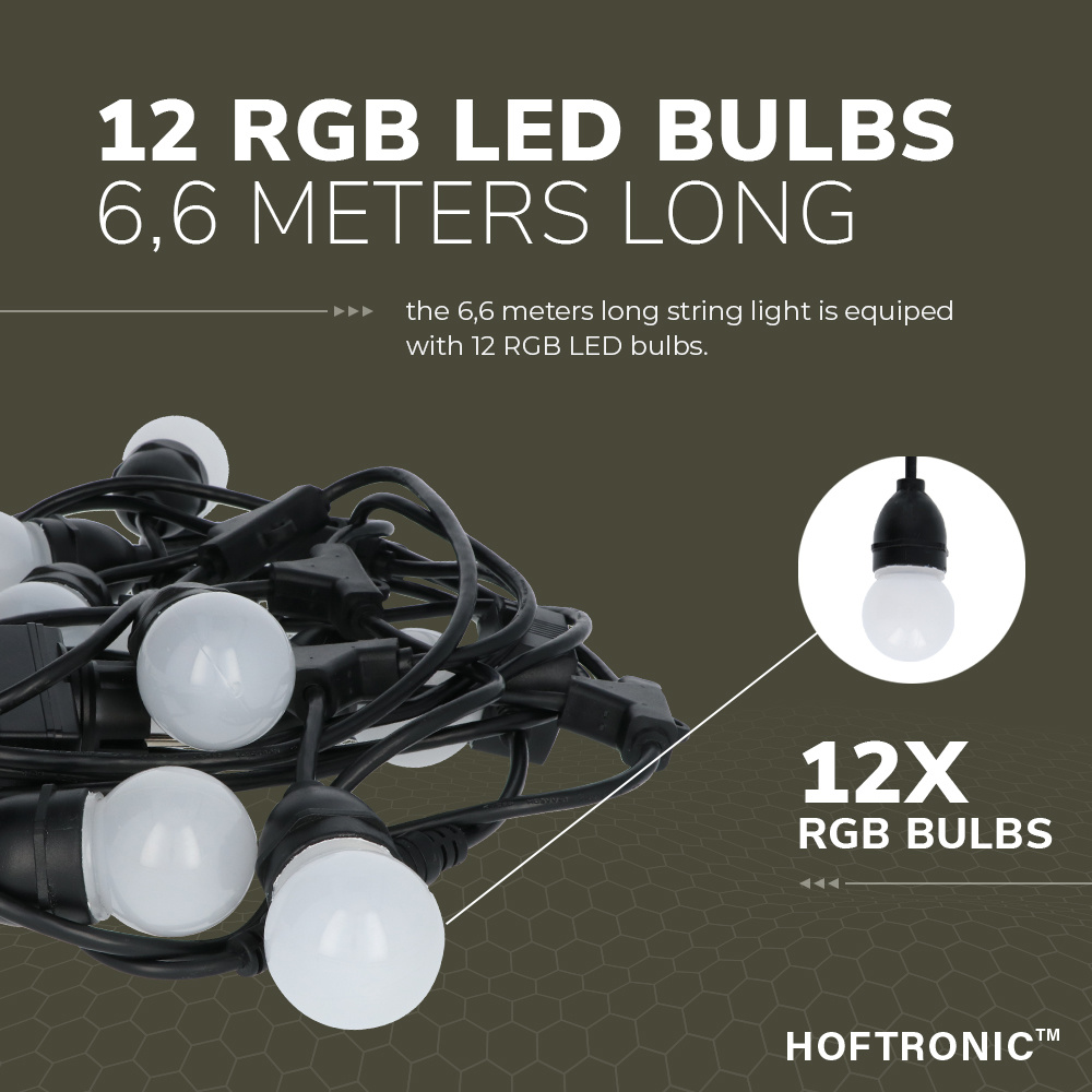 LED String Light - 12 RGB LEDs - 6.6m - IP65 Suitable for outdoor use -  HOFTRONIC