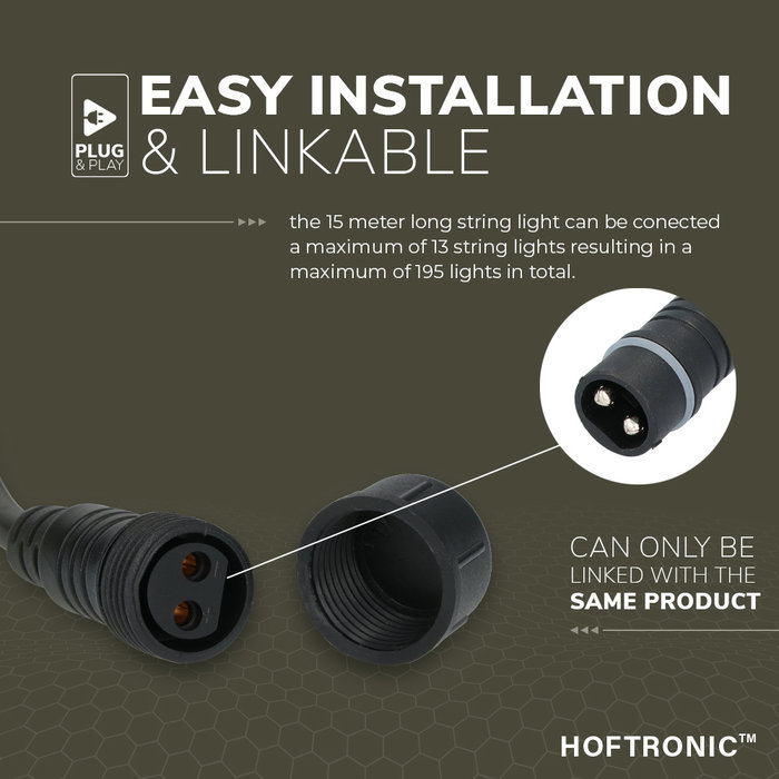 HOFTRONIC LED String Light - 15 E27 sockets - 15m - IP65 Suitable for outdoor use