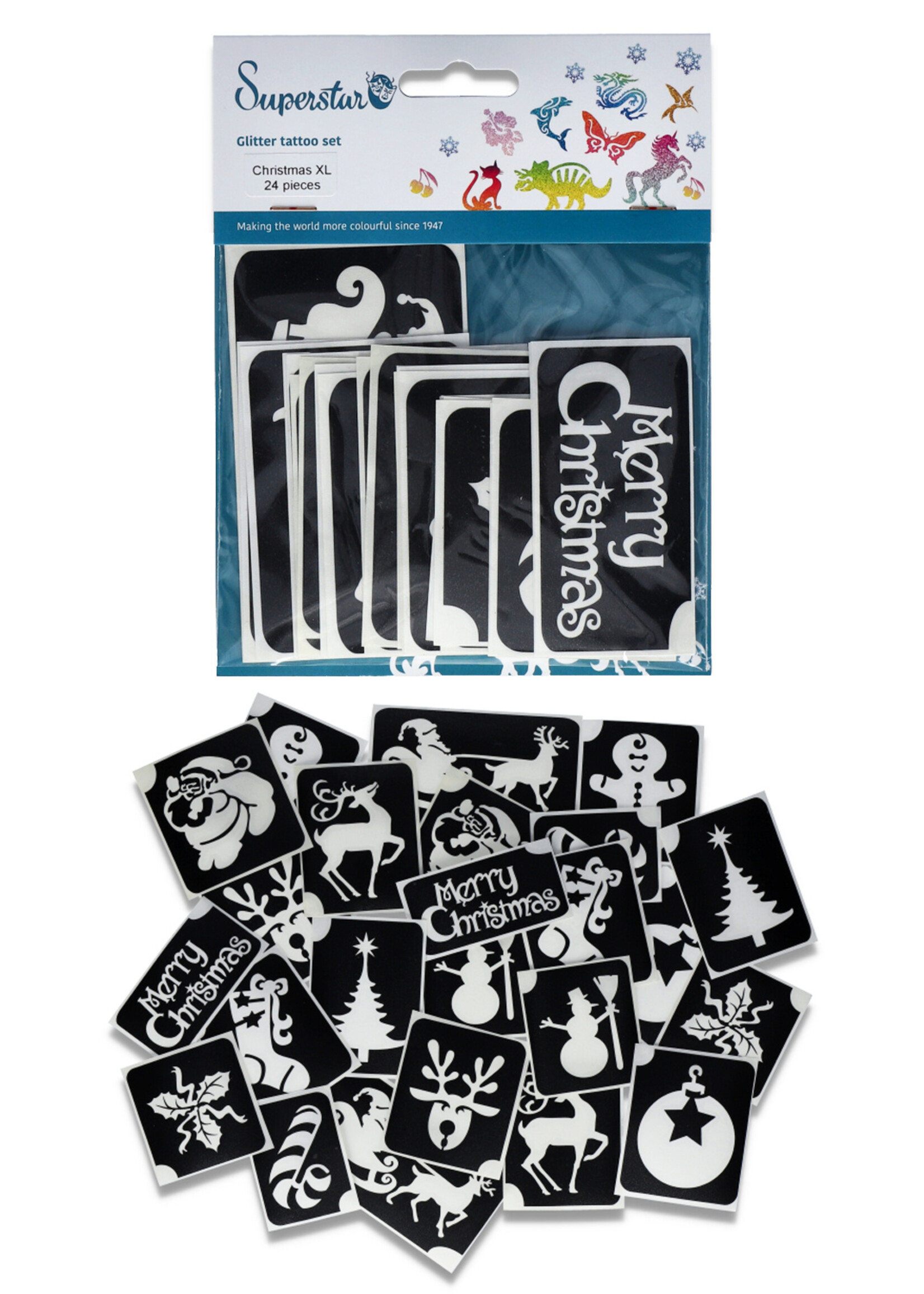 Superstar Glitter tattoo stencils XL Merry Christmas 24 pcs
