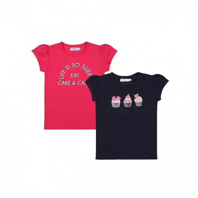 Dirkje girls T-shirt 2-pack fuchsia pink dark blue