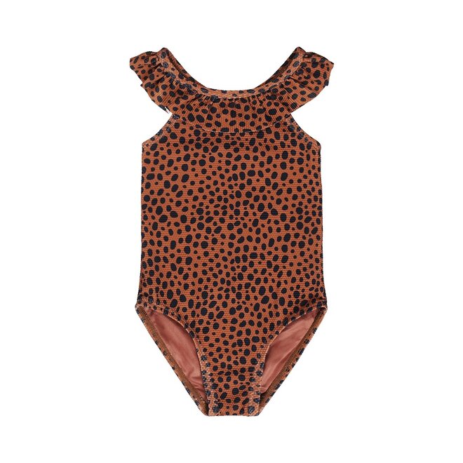 Dirkje girls swimming costume soft brown polka dots