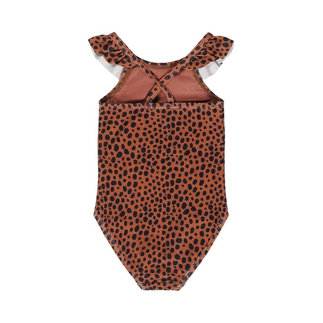 Dirkje girls swimming costume soft brown polka dots