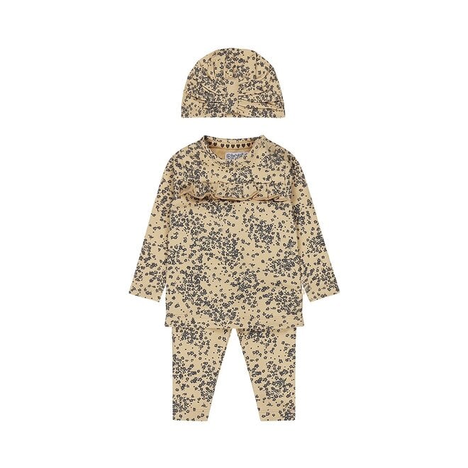 Dirkje girls baby set shirt trousers hat sand colour flower