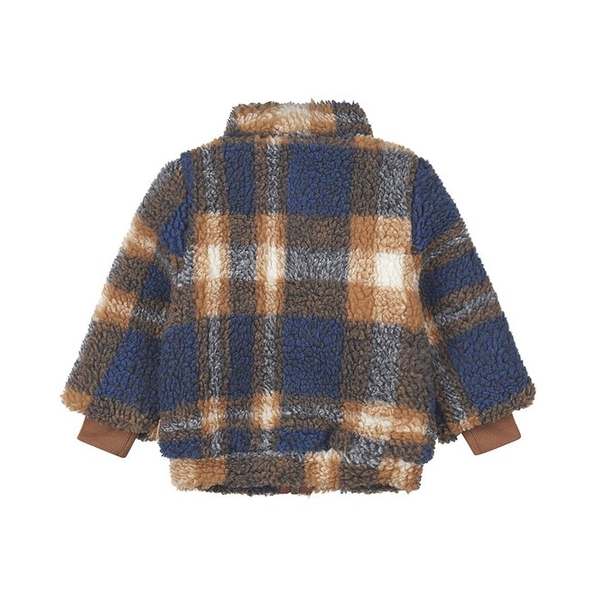 Dirkje boys coat cobalt blue brown checkered teddy