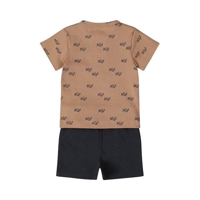 Dirkje jongens baby set T-shirt shorts bruin donkerblauw geribd