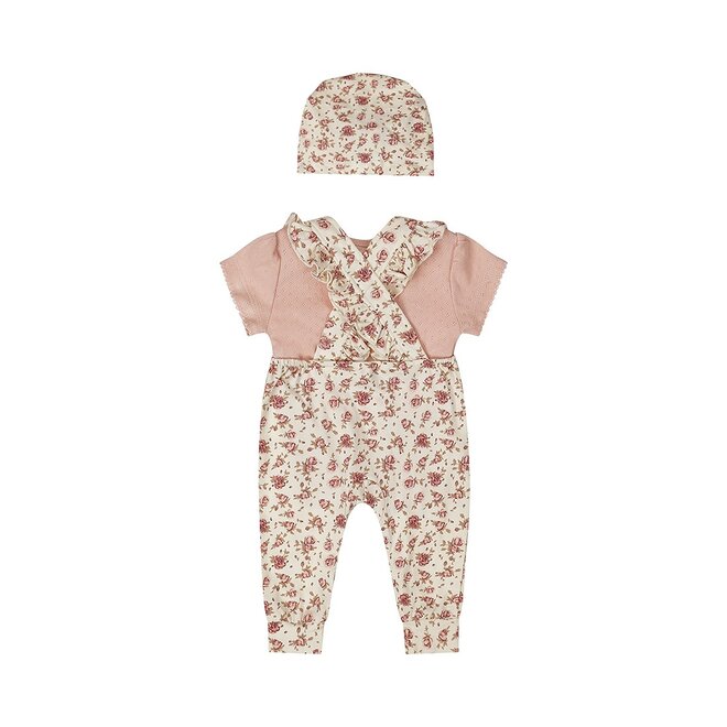 Dirkje meisjes baby set tuinbroek T-shirt mutsje koraalroze