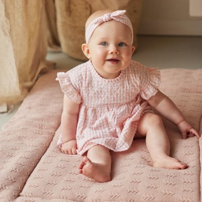 Dirkje Mädchen Kleid kurzarm korallenrosa off white kariert