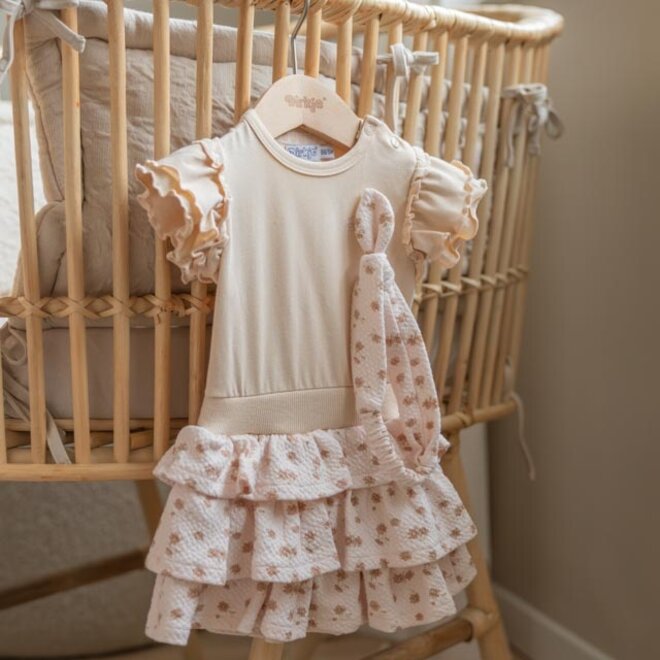 Dirkje meisjes set jurk haarband beige lichtroze bloemetjes