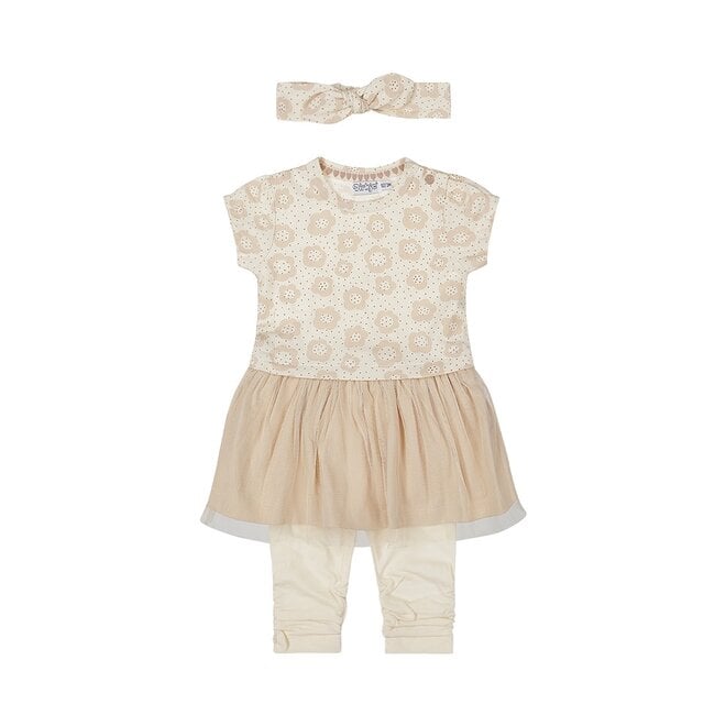 Dirkje meisjes baby set jurk legging haarband beige bloem