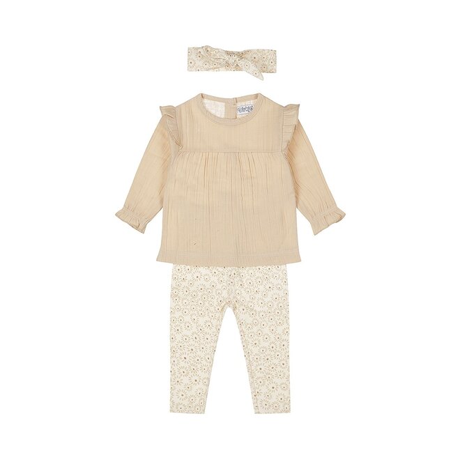 Dirkje Mädchen Baby Set Bluse Hose Haarband beige Blume