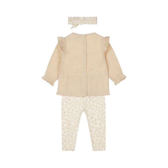 Dirkje meisjes baby set blouse broek haarband beige bloem