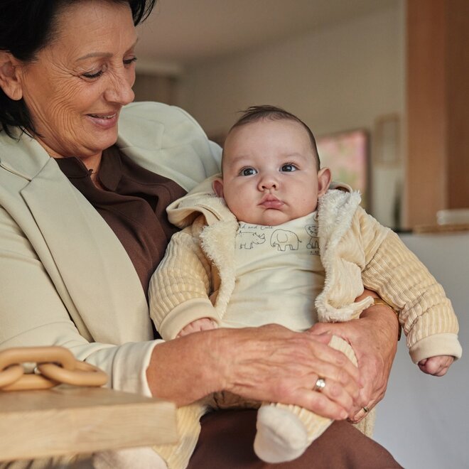 Dirkje Jungen Baby-Set Shirt Weste Hose beige cremefarben Velours