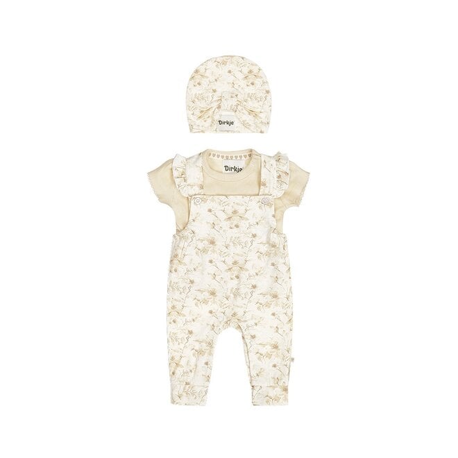 Dirkje meisjes baby set shirt tuinbroek mutsje off white