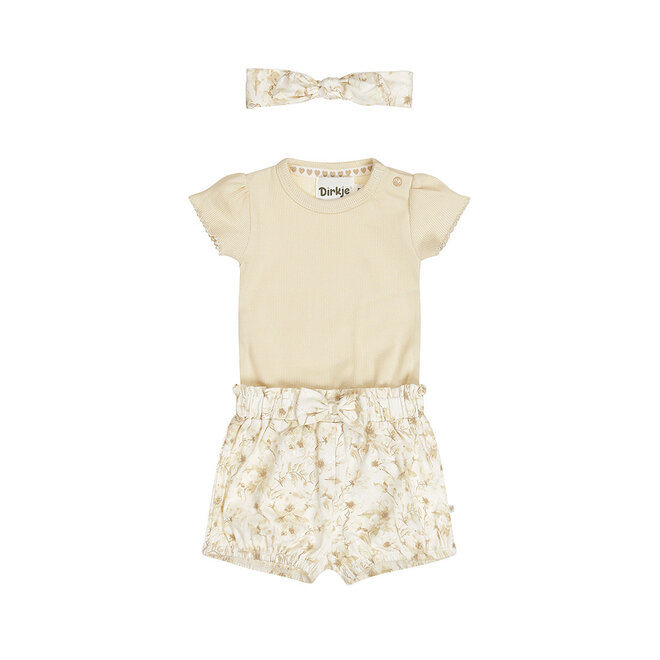 Dirkje Mädchen Baby-Set Strampler Shorts Haarband cremefarben