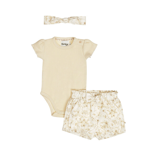 Dirkje meisjes baby set romper shorts haarband off white