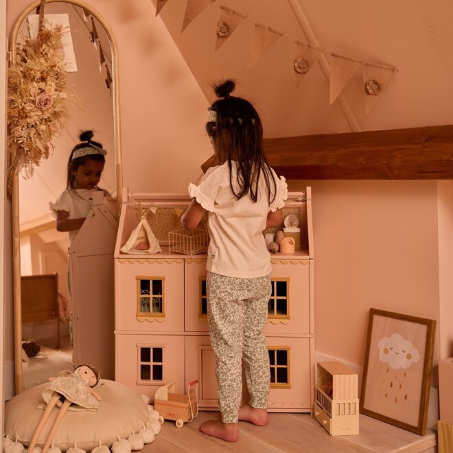 Dirkje girls' set with shirt, trousers and hairband in light green with pear print