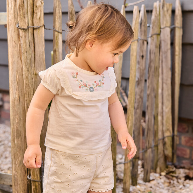 Dirkje girls' blouse off-white cotton embroidered flower