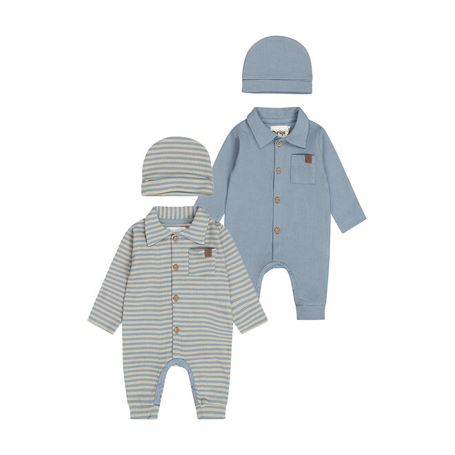 Dirkje Jungen Baby-Set Strampler Mütze blau sandfarben gestreift