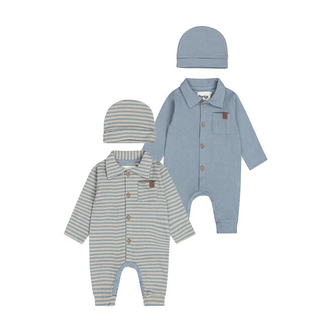 Dirkje Jungen Baby-Set Strampler Mütze blau sandfarben gestreift