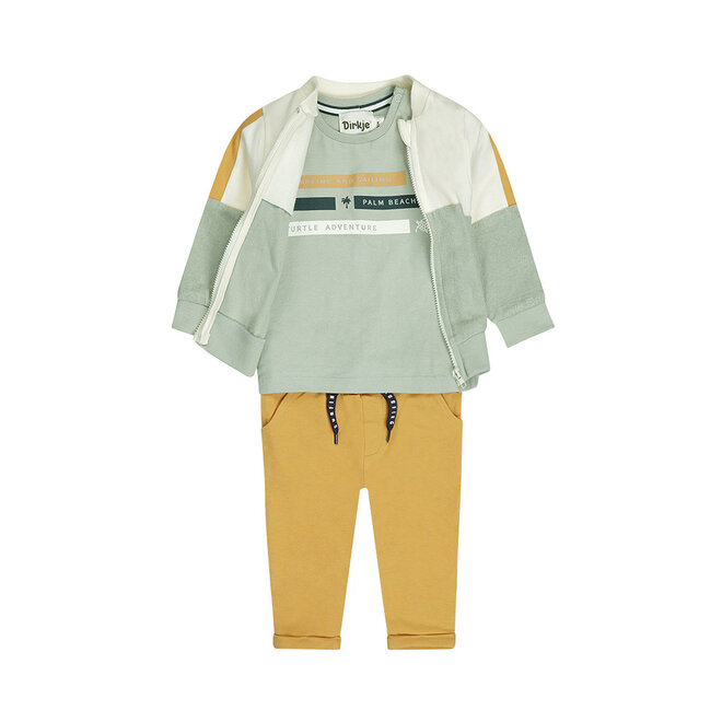 Dirkje jongens set shirt joggingbroek vest zachtgroen camel