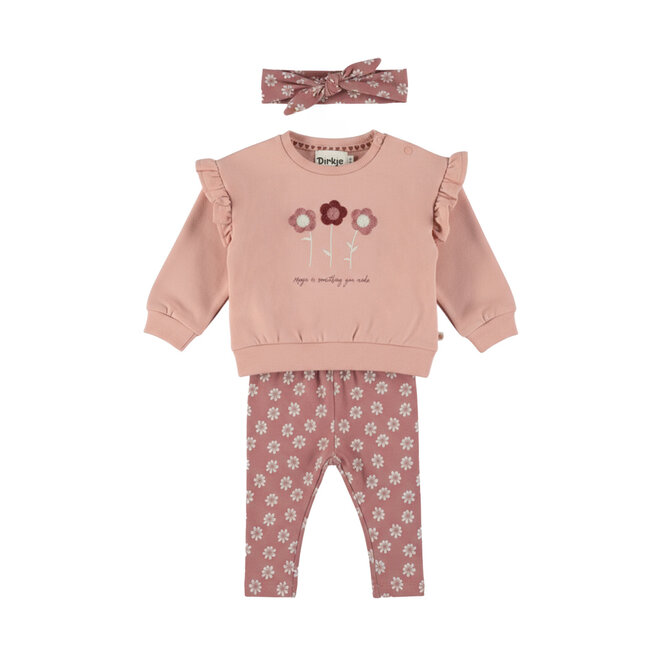 Dirkje Mädchen-Set: hellrosa Pullover, Leggings, Haarband mit Blumenmuster