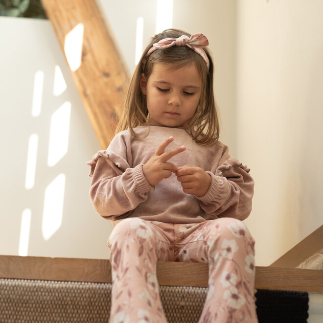 Dirkje meisjes set lichtroze flared broek haarband bloemen