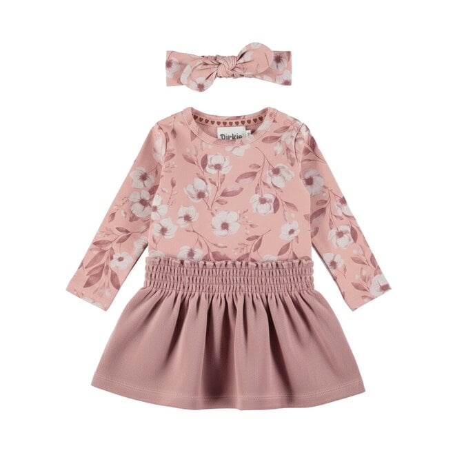 Dirkje Mädchen-Set: hellrosa Kleid, Haarband mit Blumenmuster